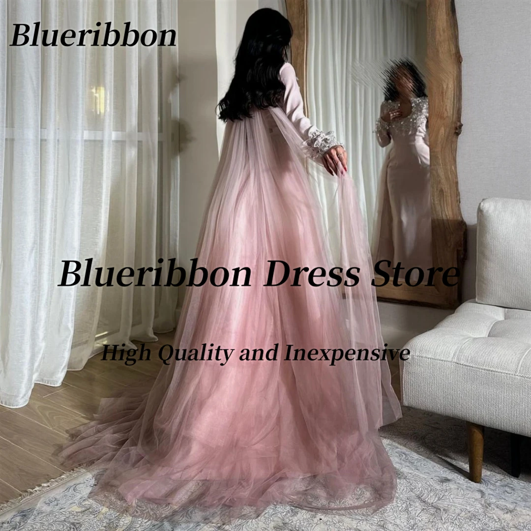 Blueribbon Keyhole Neckline Prom Dresses for Saudi Arabia Women Beaded Sequins Long Sleeves Evening Dress Tulle Wraps Vestidos