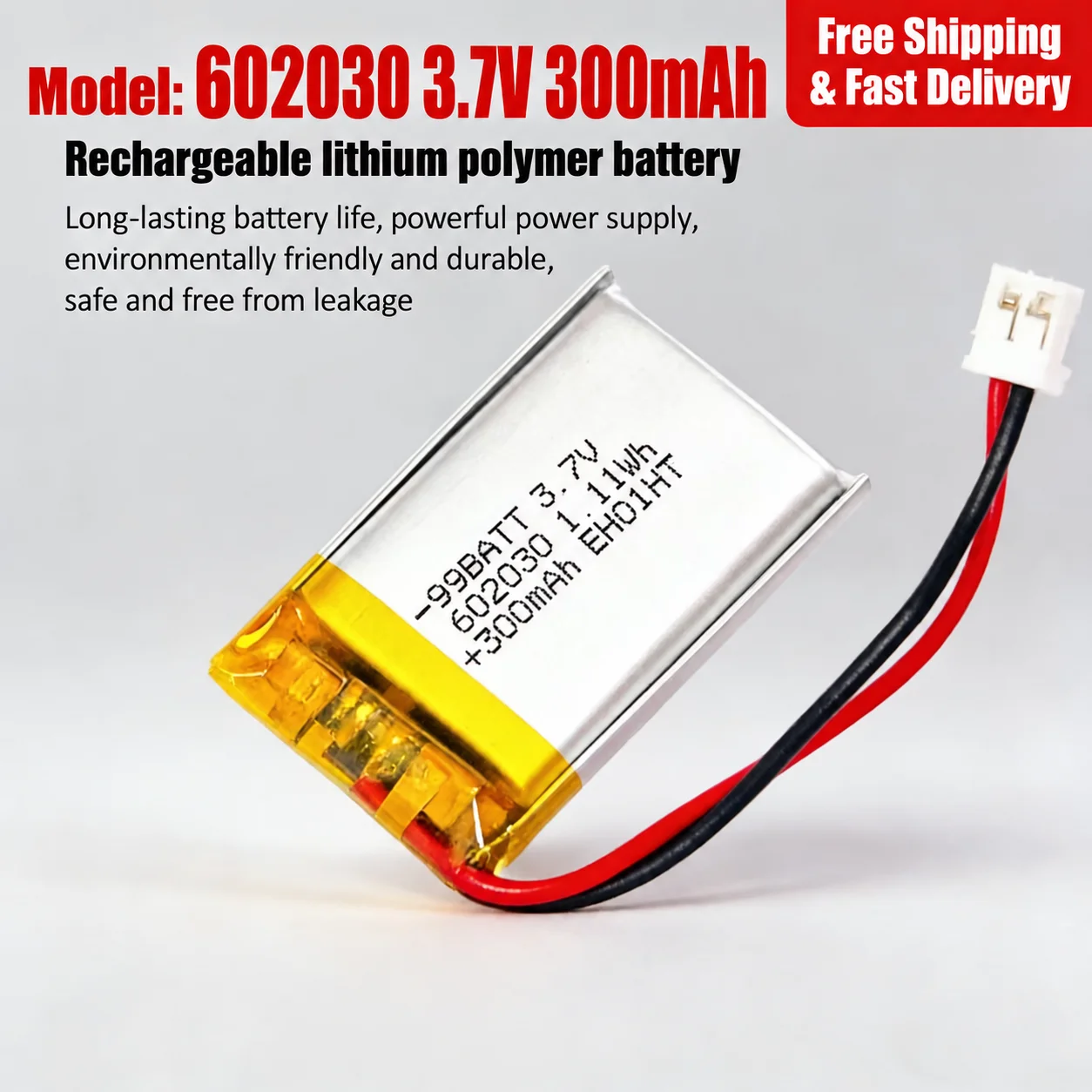 602030 3.7V 300mAh Li-Polymer Battery for TWS Bluetooth Earphone Charging Case Smart Watch Bracelet Headset Replacement Li-Po