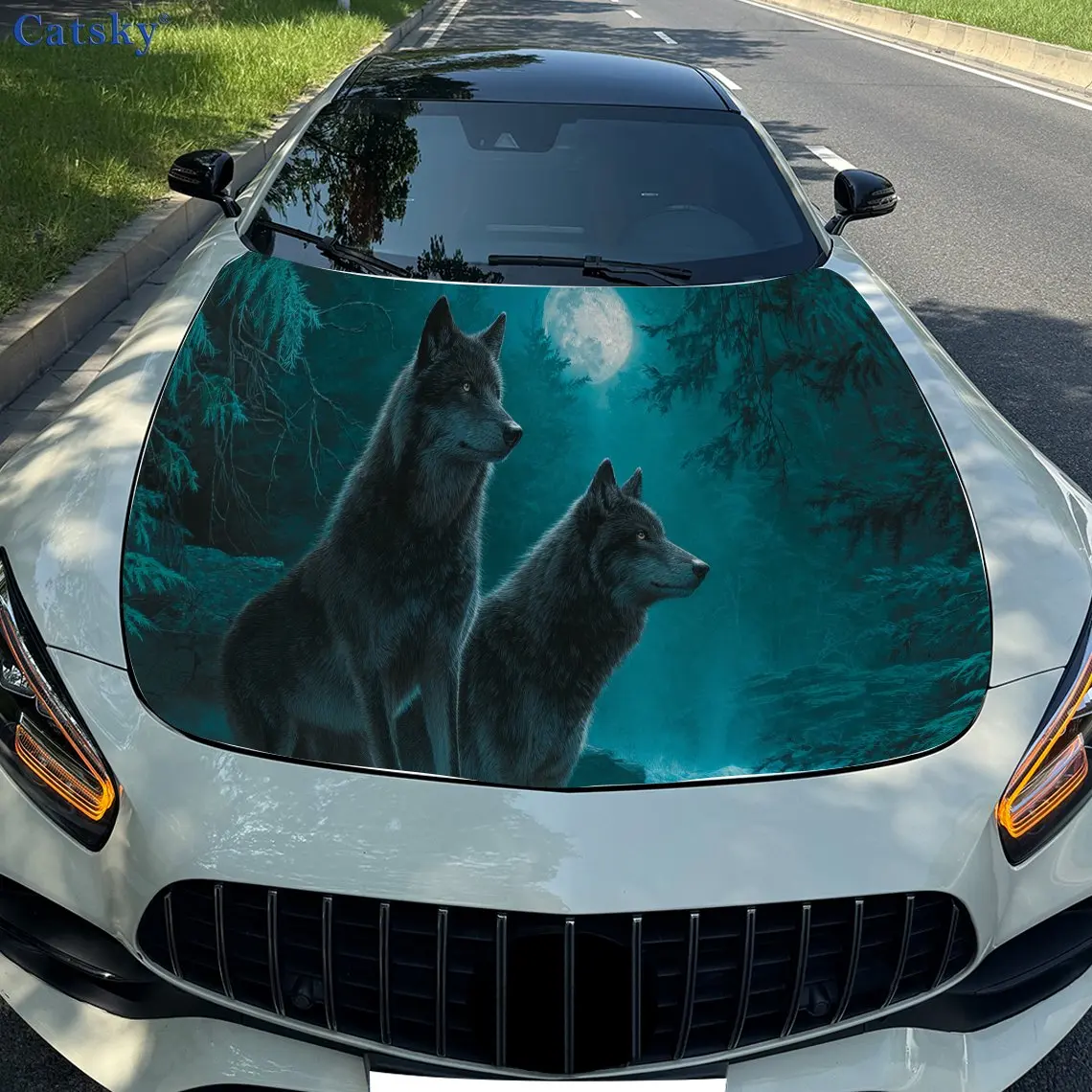 

Artistic Split Moonlit Twin Wolves PVC Car Vinyl Wraps, Self-Adhesive Waterproof Car Hood Decal Sticker, Car Decoration Protecti