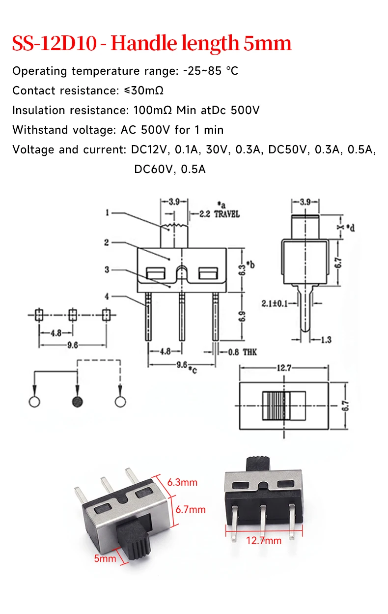 5 Stück SS-12D10 Einreihiger Vertikaler Leistungsschalter mit 5mm Vertikalem Griff Kippschalter für Elektronik – Detail 1