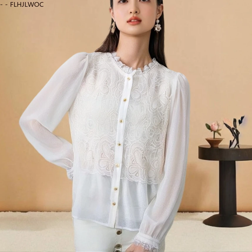 

Embroidery Beaded Tops Blouses Retro Cute Chic Korea Women Japan Style FLHJLWOC Design Vintage Ruffles Lace Shirt Blouse
