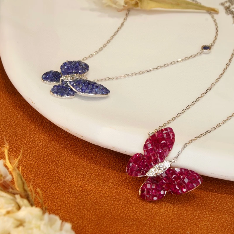 Aazuo Luxurydesign 18K White Gold Natural Ruby Blue Sapphire Buterfly Pendent With Chain Necklace gifted for Women Au750 18 Inch - view 4