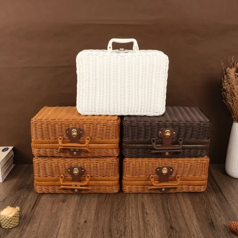 Dust-proof Round Picnic Basket Large Capacity Anti-impact Rattan Woven Luggage Box Handmade Wicker Suitcase Portable for Home