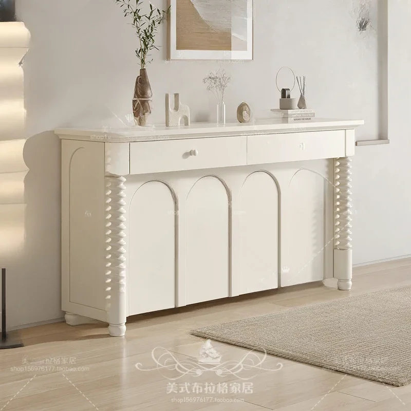 American-Style Solid Wood White Sideboard Cabinet Arched Door Home Entrance Cabinet Nordic Locker Chest of Drawers