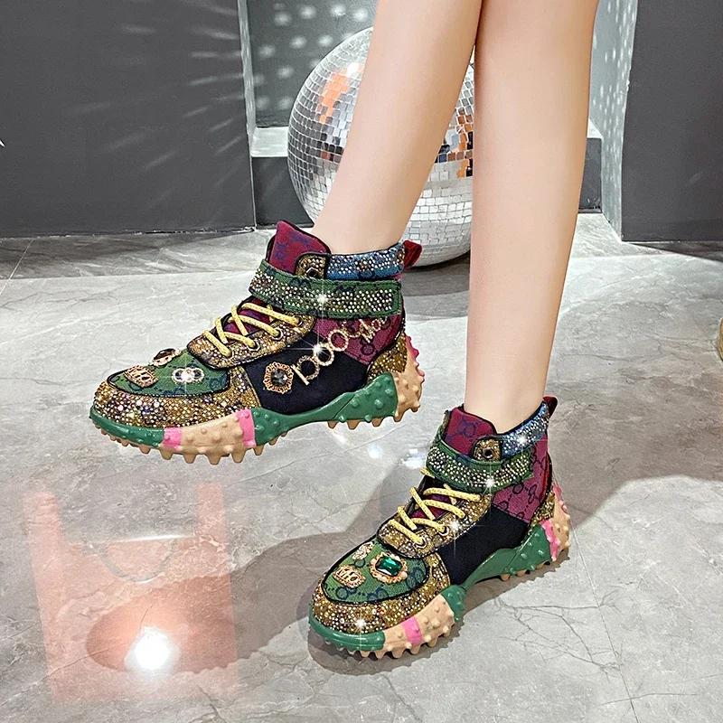 Fashion Women\'s Boots Rhinestone Ladies Sneakers Breathable High-Top Lace-Up Ins All-Match Letters Sequins Diamond Casual Shoes