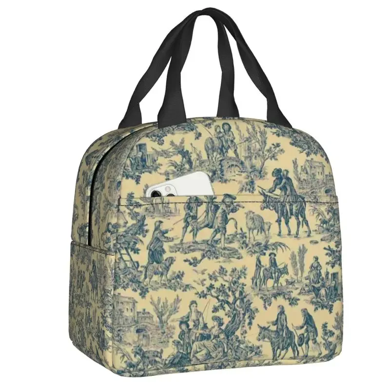 Toile De Jouy Blue And Yellow Thermal Lunch Bag Hunting Scenes Vintage Floral Motifs Portable Lunch Tote for Storage Food Box