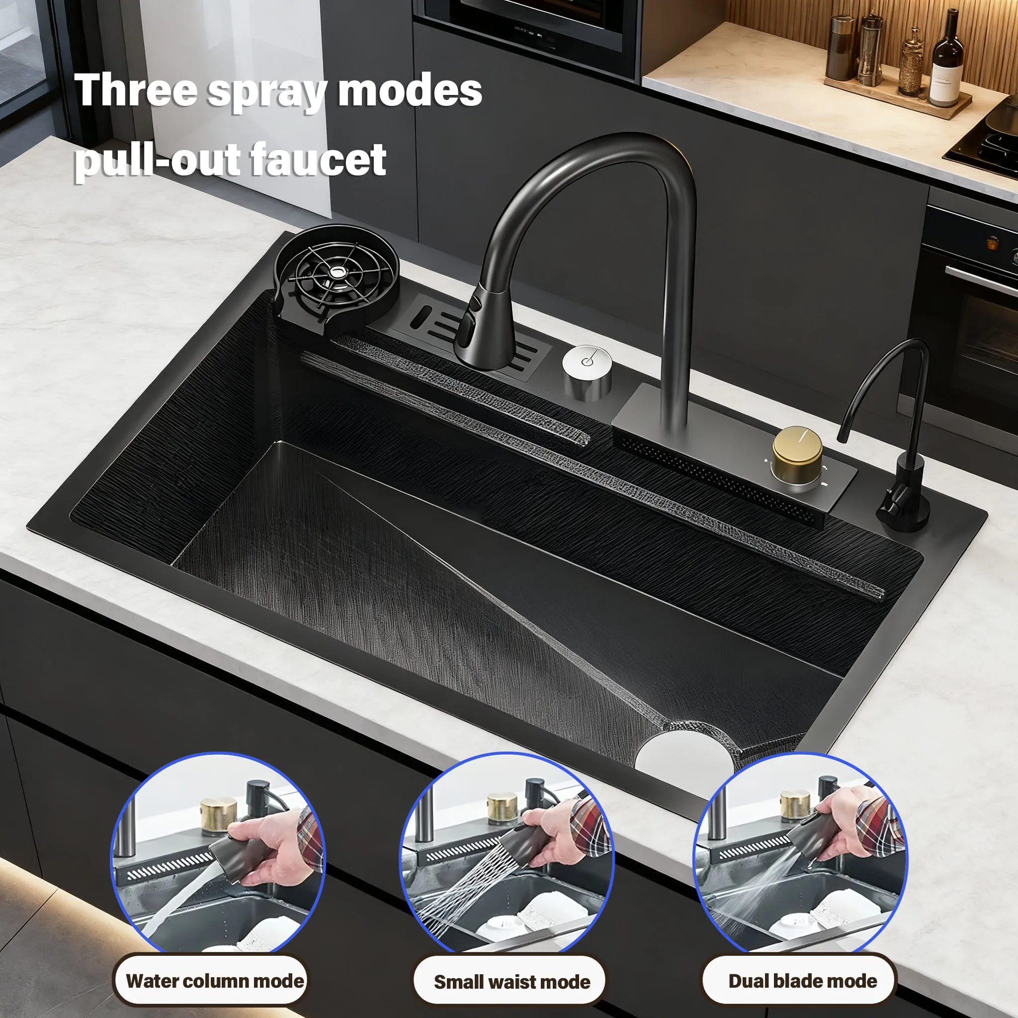 

304 Stainless Steel Waterfall Kitchen Sink Large Single Slot Integrated Faucet Set Soap Dispenser/Pure Water/Cup Washer