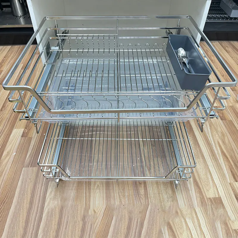 

Kitchen basket 304 stainless steel dish basket double buffer drawer four sides stainless steel dish basket storage rack