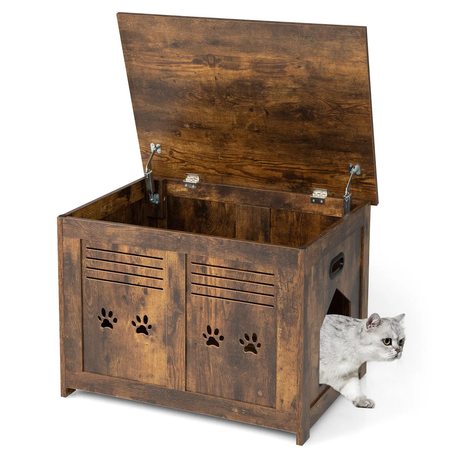 Costway Wooden Cat Litter Box Enclosure Flip-Top Hidden Washroom Bench w/ Side Entrance