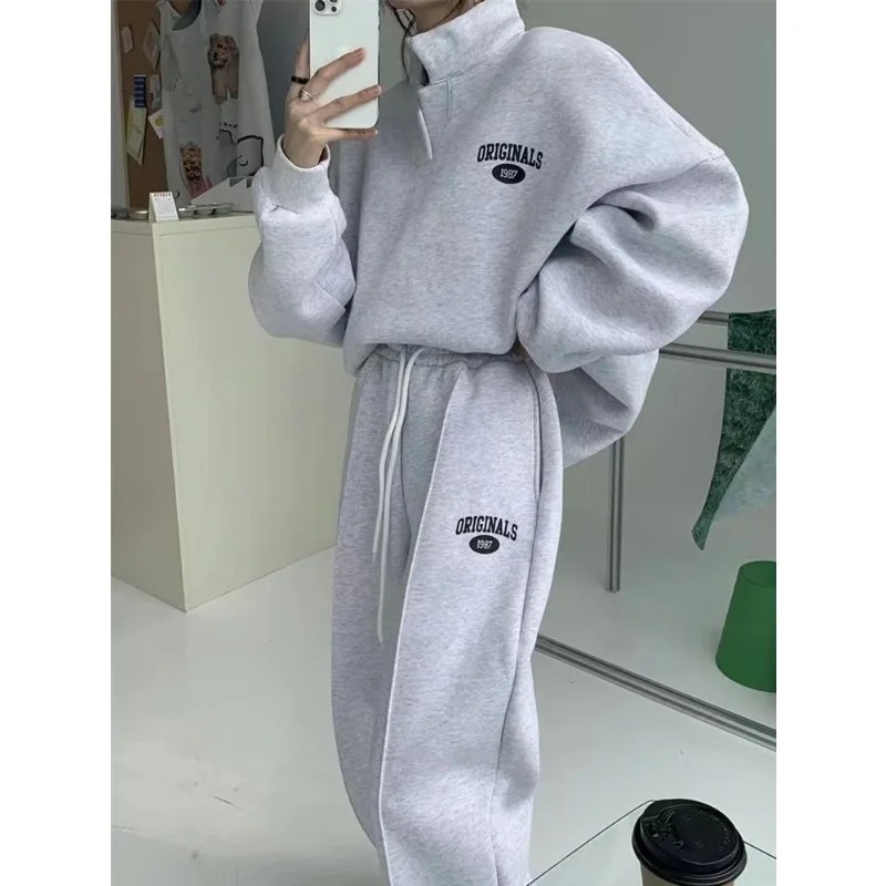 Letter Printed Two Piece Set for Women, Casual Stand Neck,Long Sleeve Sweatshirts, Female Fashion Oversized Trousers Suit, Autum