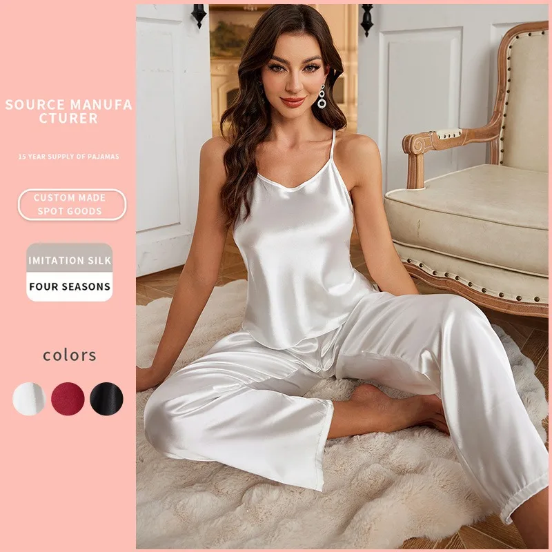 Women Sexy Satin Pijamas Set Lingerie Sleepwear Silk Saitn Nightwear Sleeveless Pajamas Set Home Wear Pyjama Femme Pyjamas
