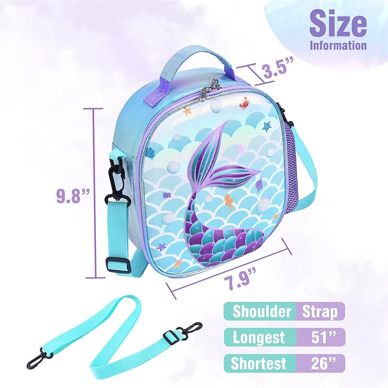 Mermaid Lunch Bag 3D Insulated Lunch Box for Girls School Picnic Lunch Shiny Crossbody Waterproof Reusable Lunch Tote Handbag