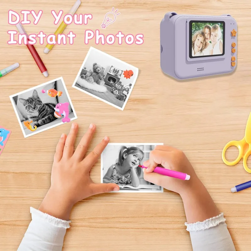 Appareil photo à impression instantanée pour enfants, 0 encre, photo à impression instantanée, Noël, cadeaux d'anniversaire, enfants de 3 à 12 ans, filles, garçons, jouet portable avec 3 rouleaux