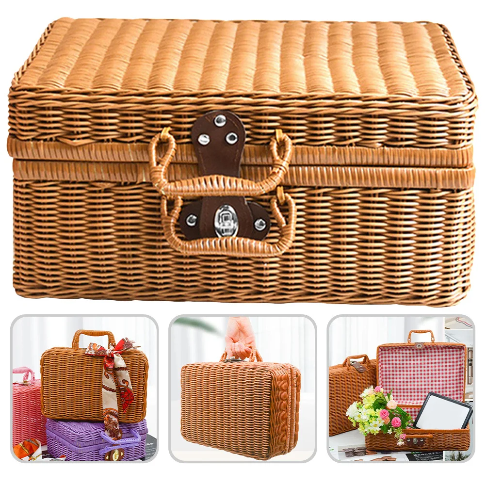 

Retro Style Imitation Rattan Suitcase Small Handwoven Storage Box Portable Makeup Organizer Decorative Vintage Picnic Basket