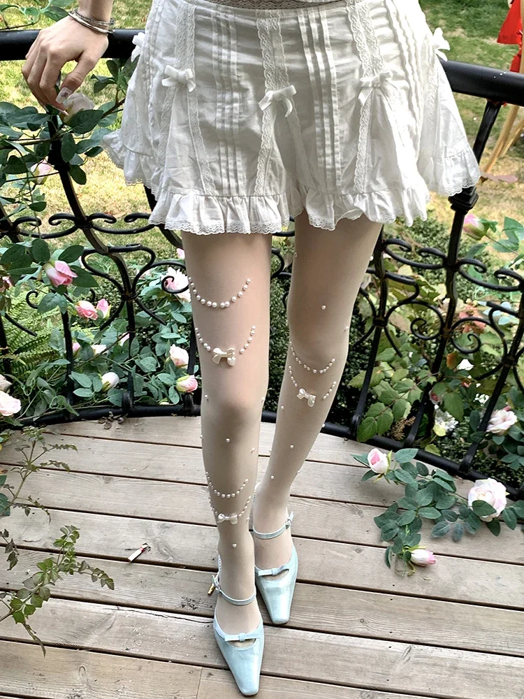 Pearl Tights Japanese Jk White Thin Pantyhose Sweet Bow Stockings 2025 Spring New Chic Women Socks Lolita Aesthetics
