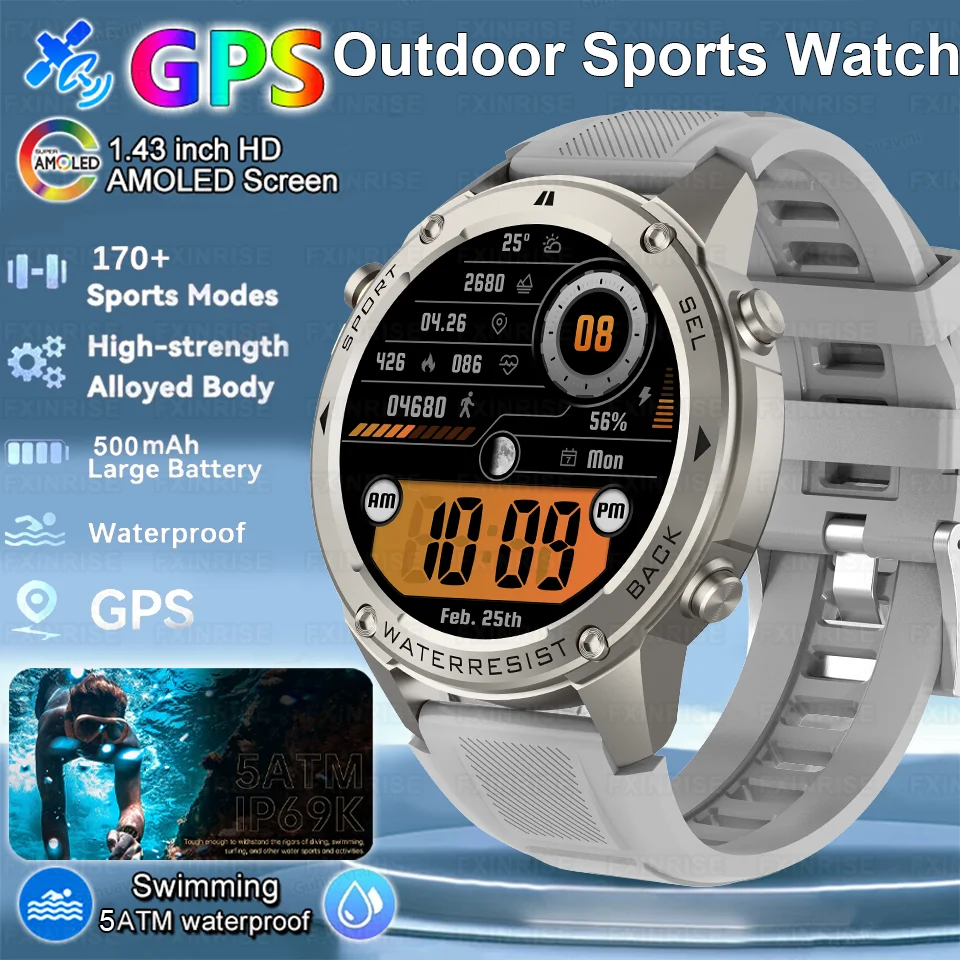 

Новые смарт-часы 2026 года с GPS и двумя частотами частотной модуляции, для мужчин, с AMOLED-экраном 1,43 дюйма, компасом, пульсометром, Bluetooth-звонками, водонепроницаемостью IP69, для плавания