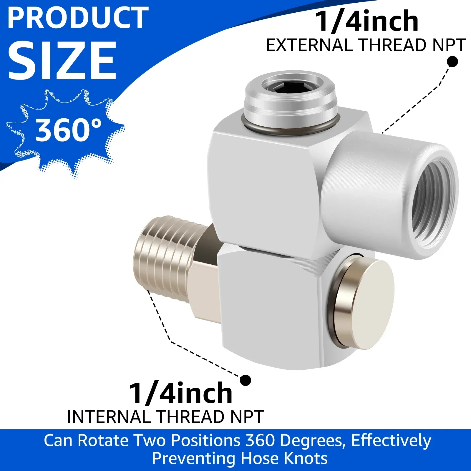 4 buah alat udara Fitting putar, alat konektor selang udara putar 1/4 inci NPT 360 °, adaptor konektor 150PSI Max, alat udara aluminium untuk kompresor