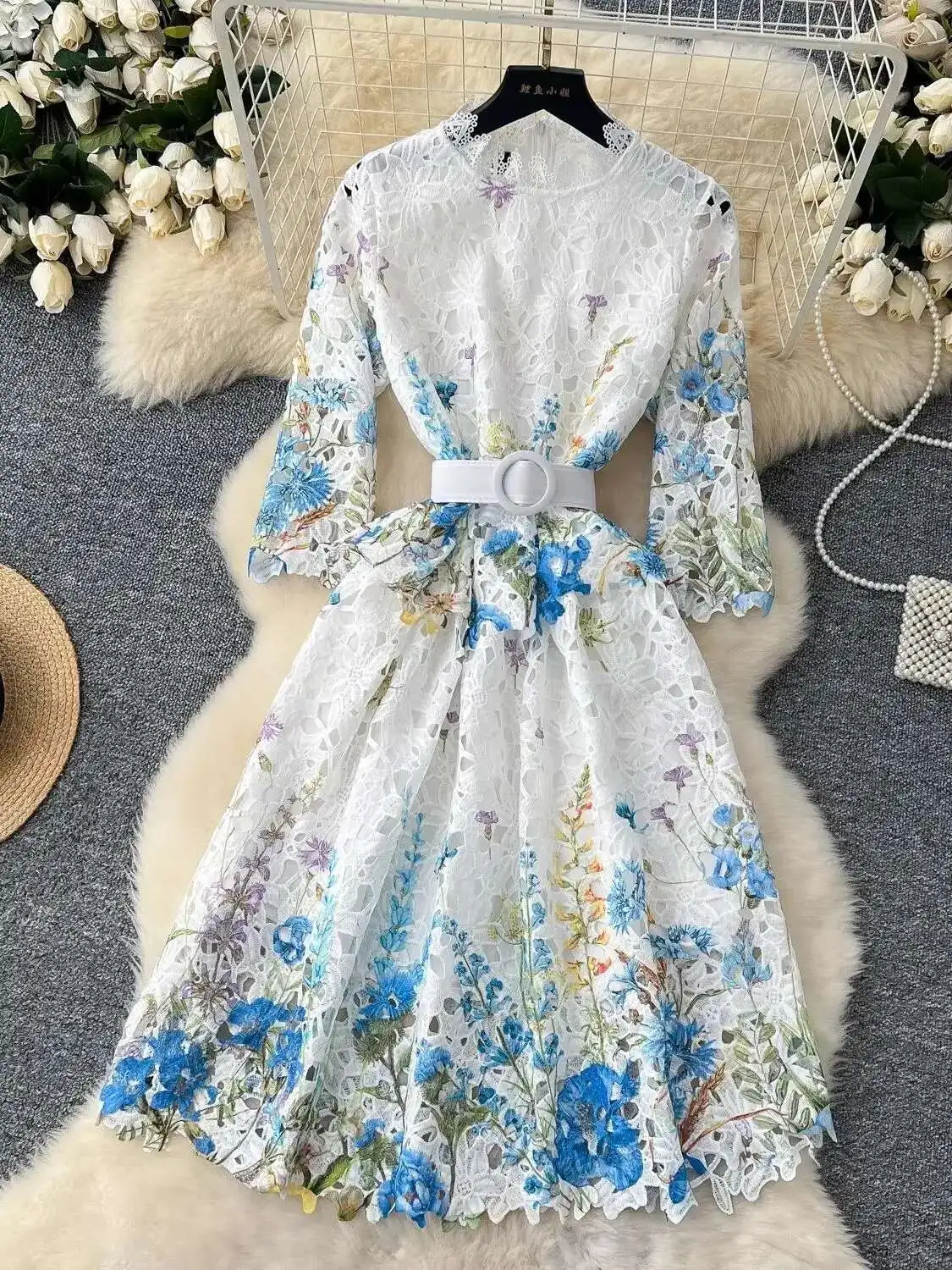 秋のエレガントな花の刺繍レースミディドレス女性の夏のウエディングドレスイブニングローブパーティー Vestidos ベルトファンシー