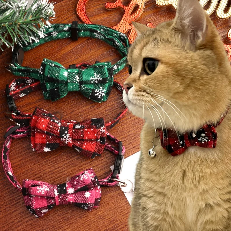 10/1PCS Christmas Plaid Snowflake Dog Collar with Adjustable Buckle Suitable for Small Large Dogs Cats Pets New Year Party Decor