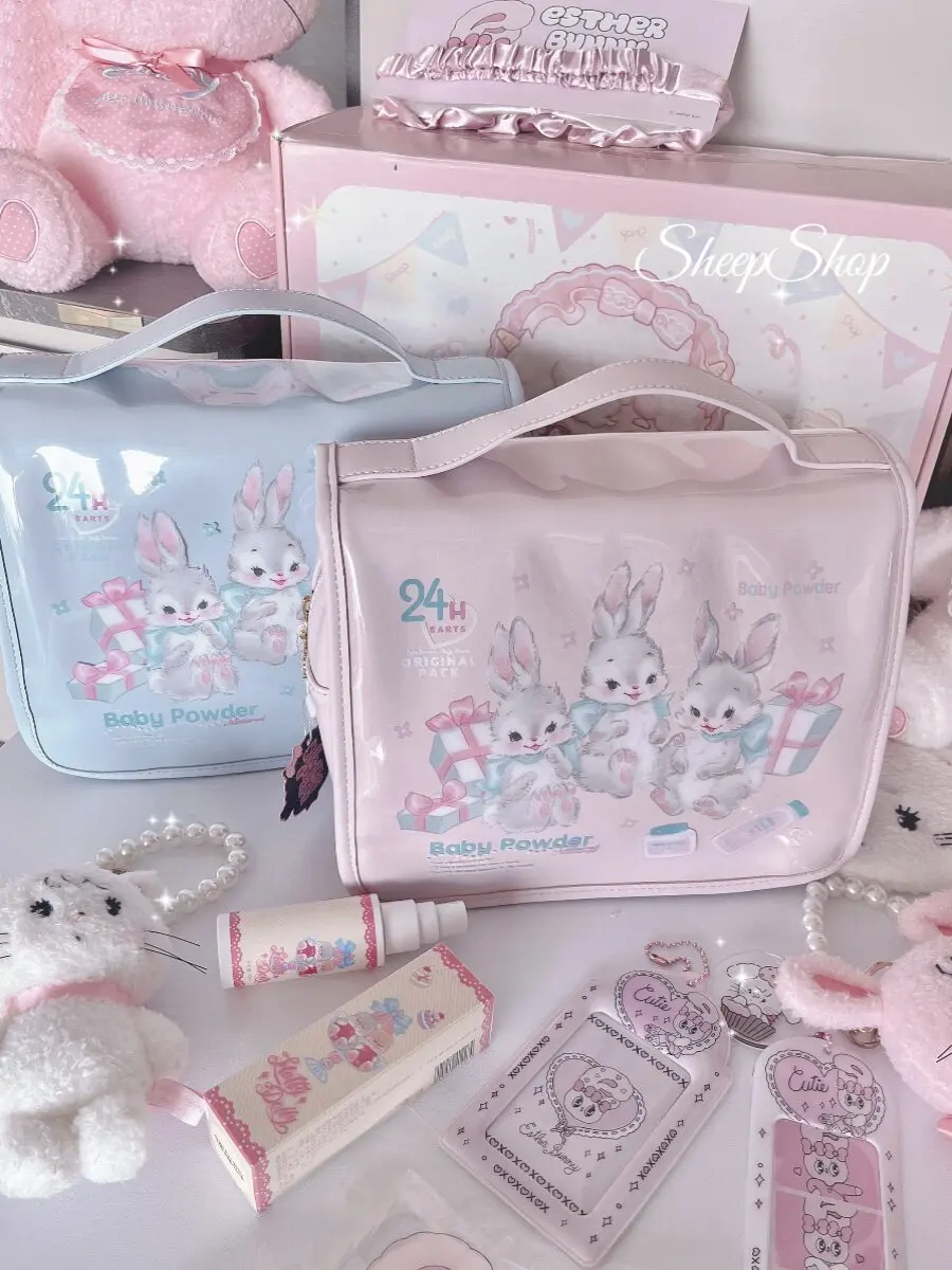 Japanese Cartoon Cute Three Rabbits Large Capacity Cosmetic Bag Travel Storage Bag Powder Retro Showa Lolita Storage Bags Female
