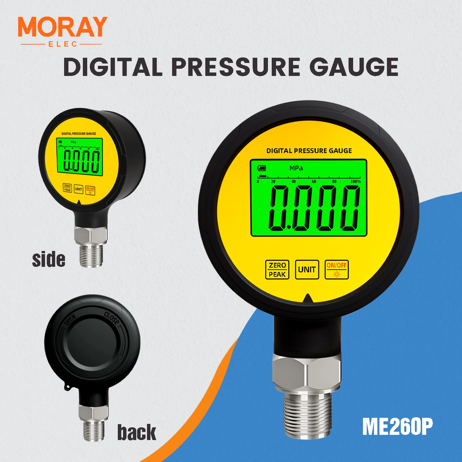 

Moray ME260P High Precision LCD Accuracy 1%FS Rubber Protector Waterproof Stainless Steel Gas Differential Pressure Gauges