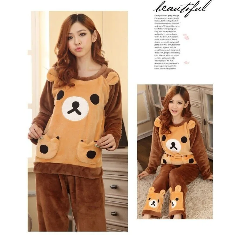 Pijamas quentes para o inverno pijamas de manga comprida feminino em torno do pescoço grosso flanela estudante calças de manga comprida loungewear 2 peça s