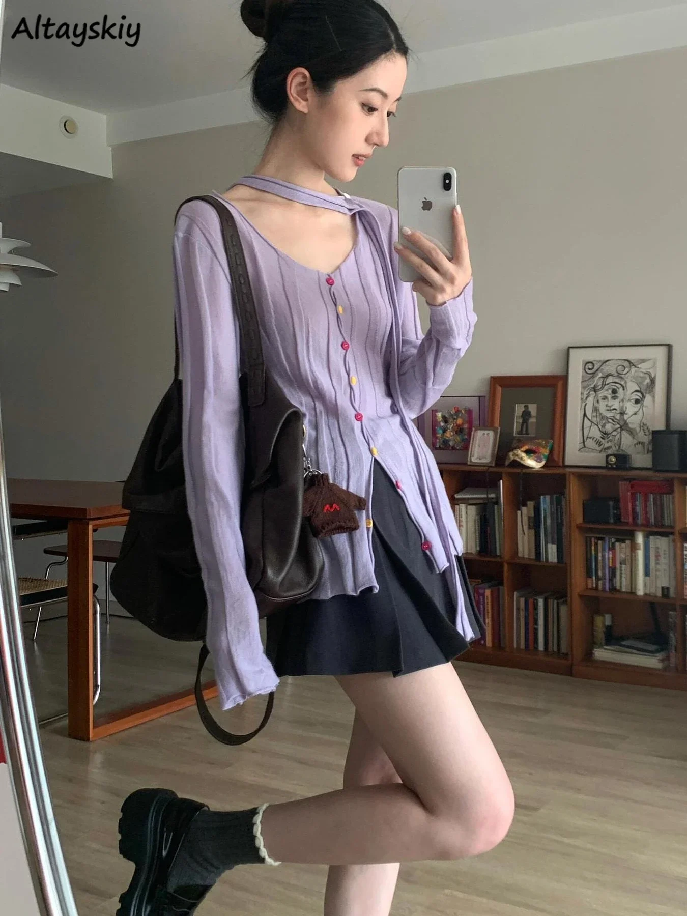 

Purple Cardigans Women Long Sleeve Knittedwear Elegant V-neck Slim Sun-proof Spring Autumn Soft All-match Young Girls Sweaters