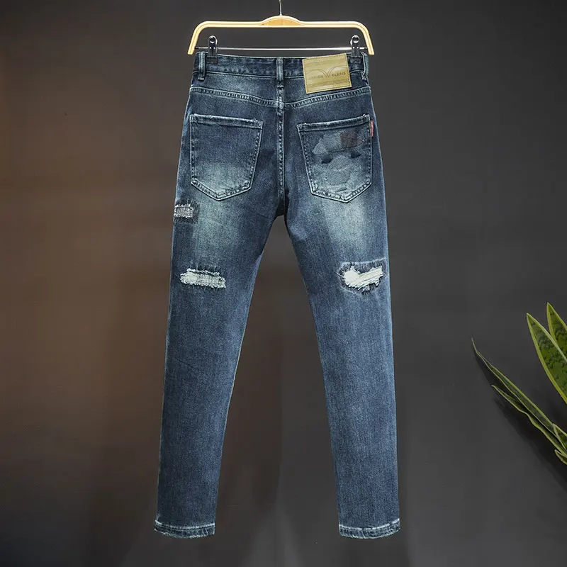 2024 New ripped cool jeans men's fashion printed Street trendy, casual and handsome high-end slim long