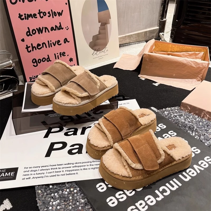 

2025 новые модные женские тапочки на толстой подошве, уличная одежда, хлопковая обувь, осенние стильные плюшевые тапочки, женские