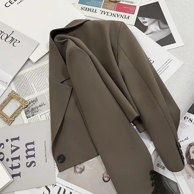 سترة نسائية كورية من luciyever بزر واحد وأكمام طويلة مناسبة للمكتب جاكيت قصير للسيدات بياقة رسمية وبأكمام طويلة