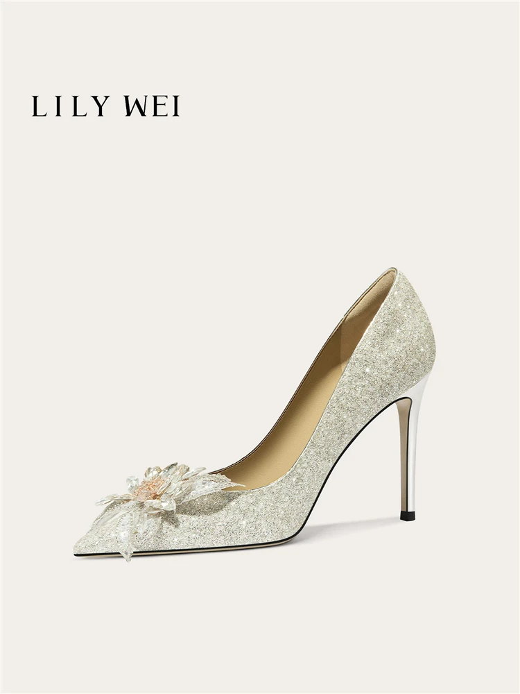 Spring New Pointed Crystal Flower Sequin Flat Wedding Shoes Banquet Large Size Small Size Widening Version High Heel Women Shoes