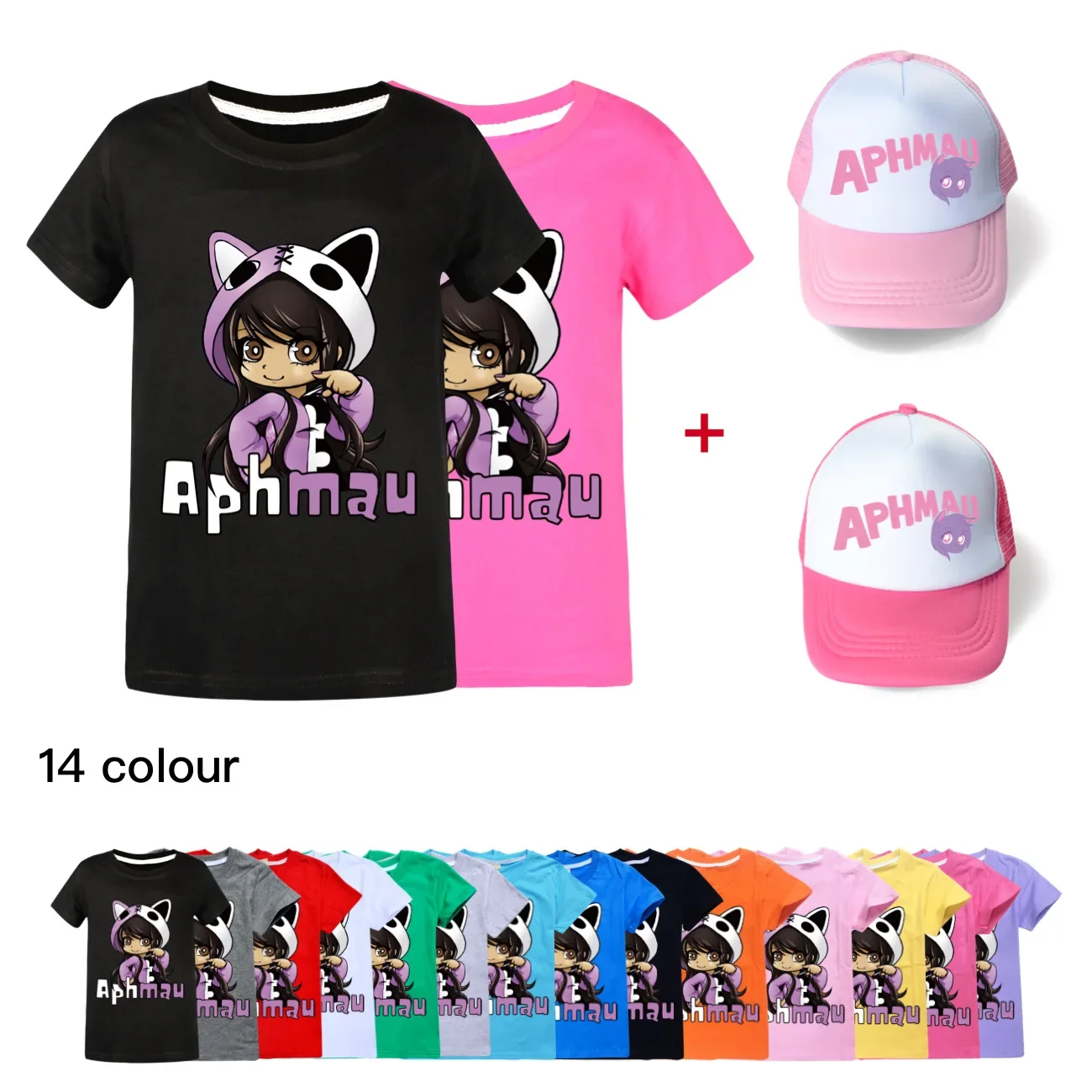 

Fashion APHMAU T Shirt Kids Kawaii T-shirts & Sunhat 2pcs Suits Baby Girls Summer Short Sleeve Tops Teenager Boys Casual Clothes