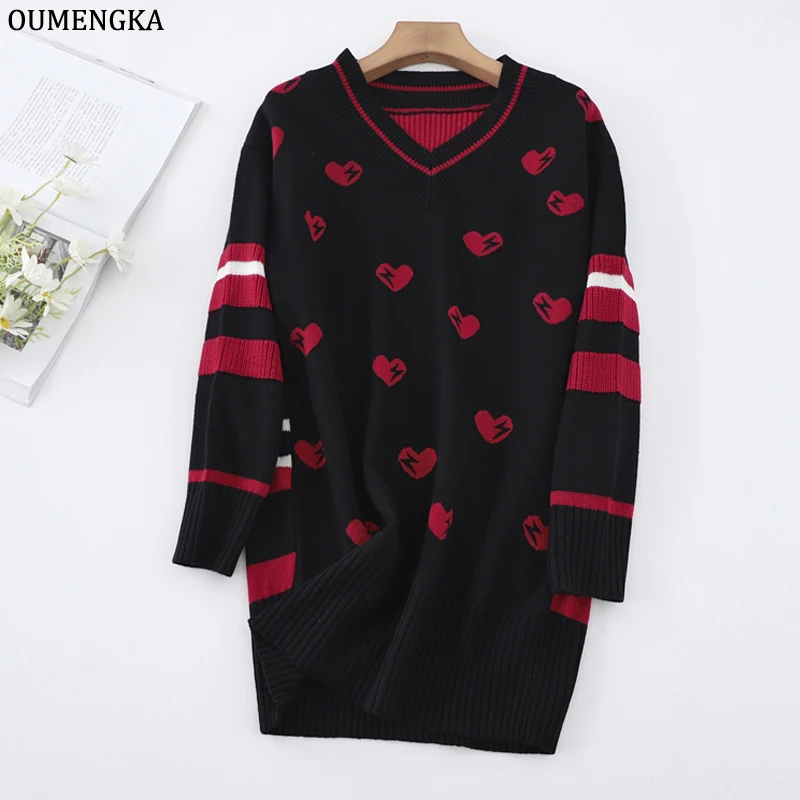 Korean Women's Long Sweater Loose V-Neck Preppy Warm Stripe Soft Pullover Knitwear Quality Female Jumper Tops Autumn Winter 2023