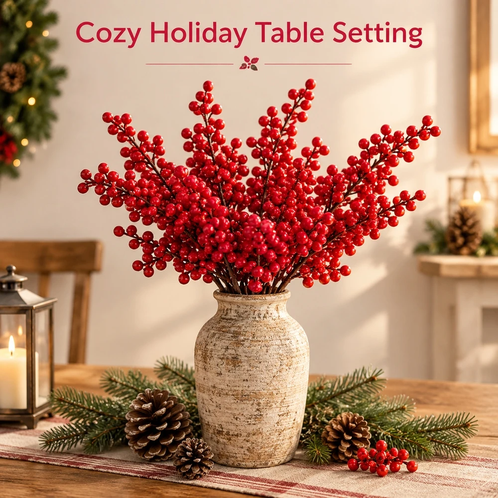 Faux Red Berry Stems 20pcs Essential for DIY Gift Wrapping and Thanksgiving Buffet Displays No Power Supply Required