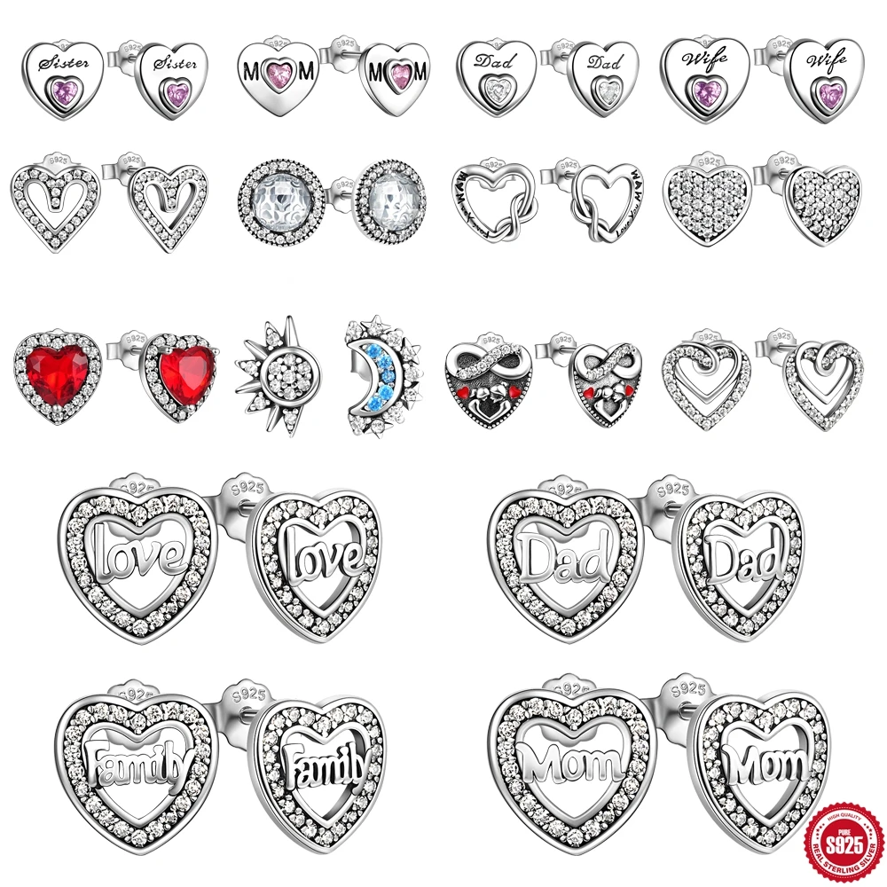 LENNIK 925 Sterling Silver Family Stud Earrings Fashion Exquisite Love Heart Mom Father Letter Studs For Women Vintage Jewelry