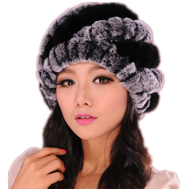 

Genuine Rex Rabbit Fur Hat Fashion Pineapple Beanies for Mom Handmade Knitted Winter Warm Headwear