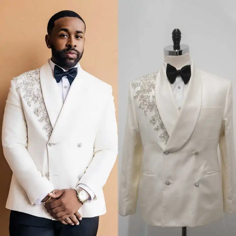 Luxury Men's Suits Crystals 2-Piece Double Breasted Blazer Peaked Lapel Formal Occasions Prom Wedding Tuxedo Customized