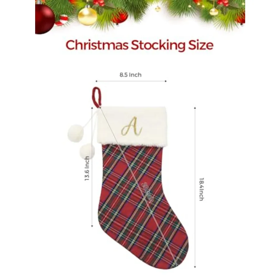 20" Classic Plaid Christmas Stockings Initial Monogram Embroidered Stockings with Pom Pom Ball for Christmas Fireplace Decor an - view 2