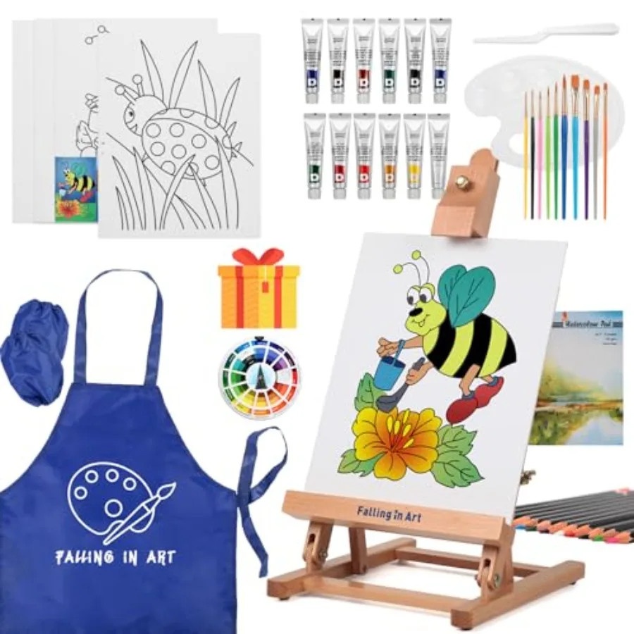 Painting Set for with Table Easel Acrylic Painting Starter Kit with Art Smock Acrylic Paints Colo Pencils Paint Brushes Canvas