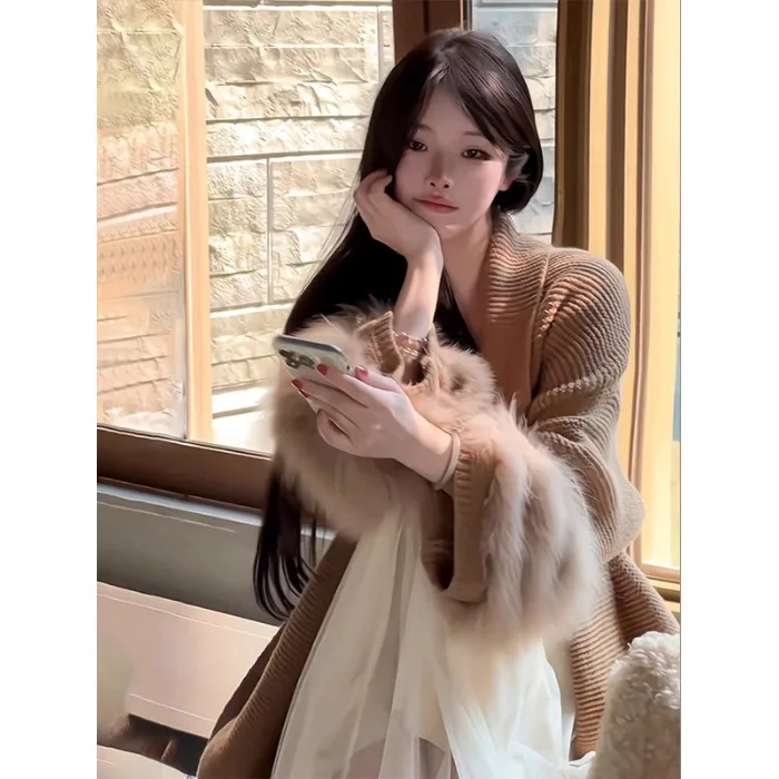 カーキレトロチェック柄ロングスリーブニットセーターコート女性の秋冬怠惰な服装エレリーレディスレニットトップ