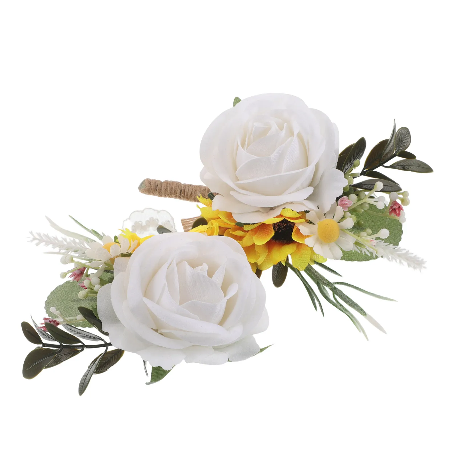 

2Pcs Wedding Corsage Wrist Flowers Set Artificial Rose Sunflower Bridal Bridesmaid Boutonniere Groom Prom Suit Decor Accessories