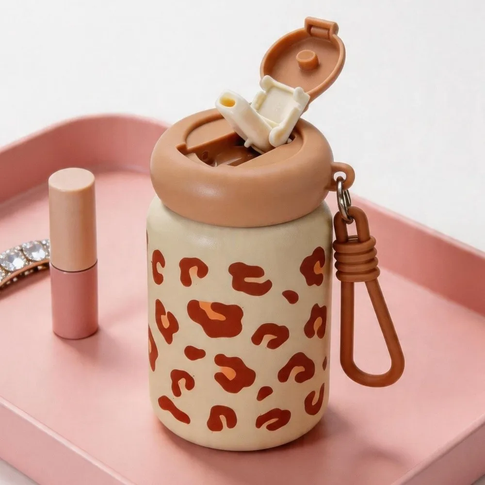 360ml Straw Thermos Cup Leopard Print Insulated Insulated Water Bottle Mini with Lifting Rope Drinking Water Cup
