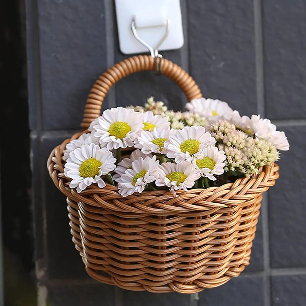 

Light Brown Wall Hanging Flower Basket Imitation Rattan Durable Woven Basket Storage Sundries Holder Sundries Organizer