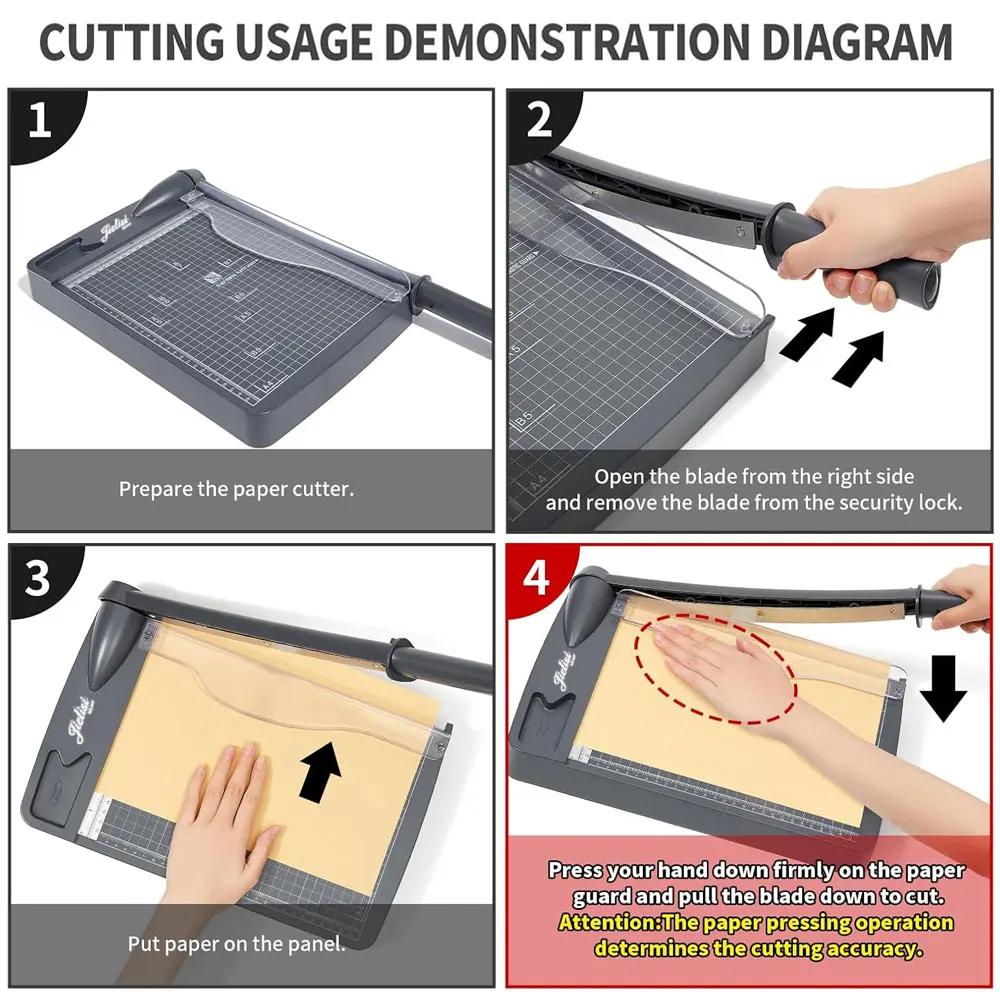 Coupe-papier A4 gris robuste, coupe-papier, coupe de précision, base PVC, capacité de 16 feuilles.