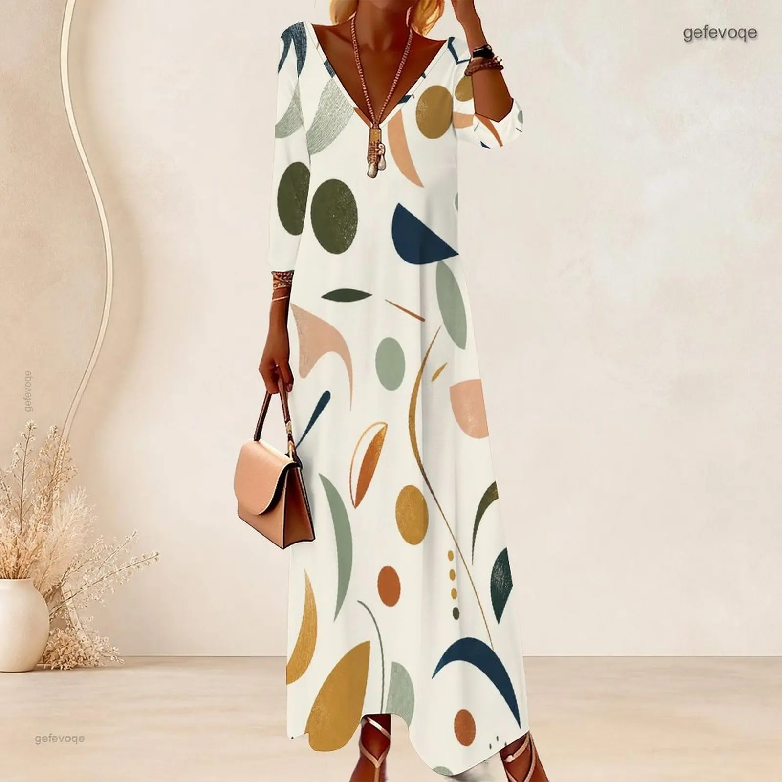 Women V Neck 3/4 Sleeve Abstract Geometric Printed Long Dress