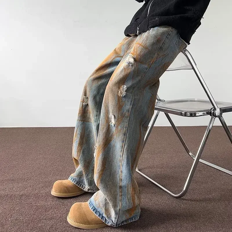 Men's trousers summer thin tie-dyed ripped jeans men's loose straight washed distressed high street American men's trousers