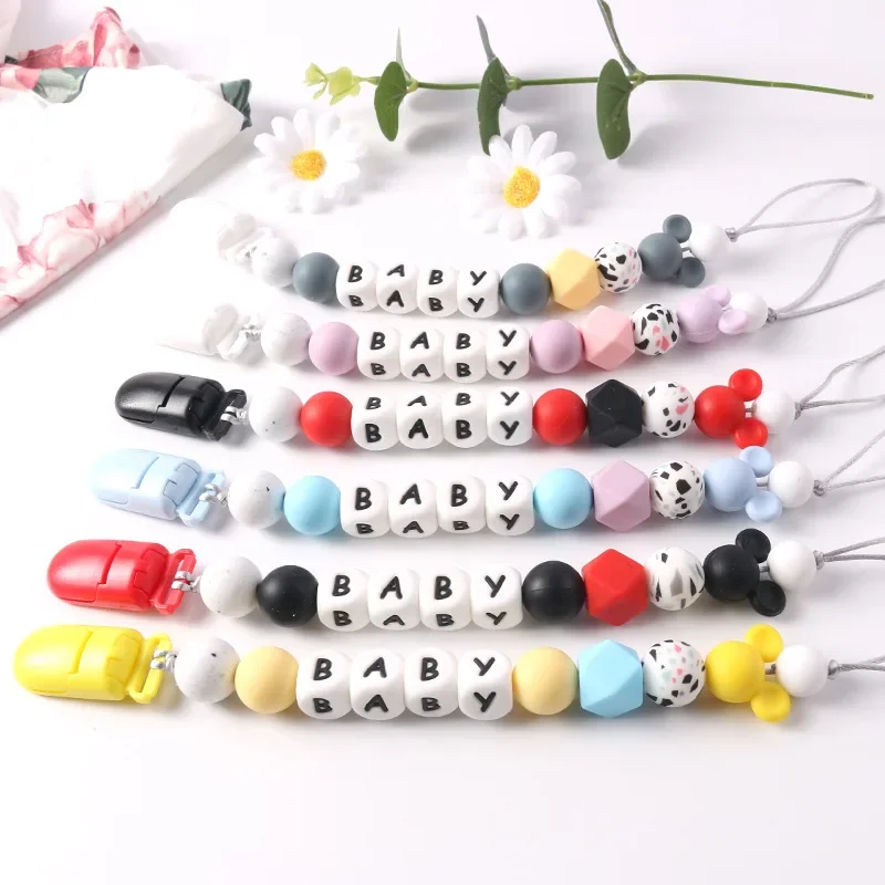 Baby Pacifier Clips Personalized Name Cartoon Teether Dummy Nipples Holder Clip Chain Silicone Newborn Teething Toys Accessories