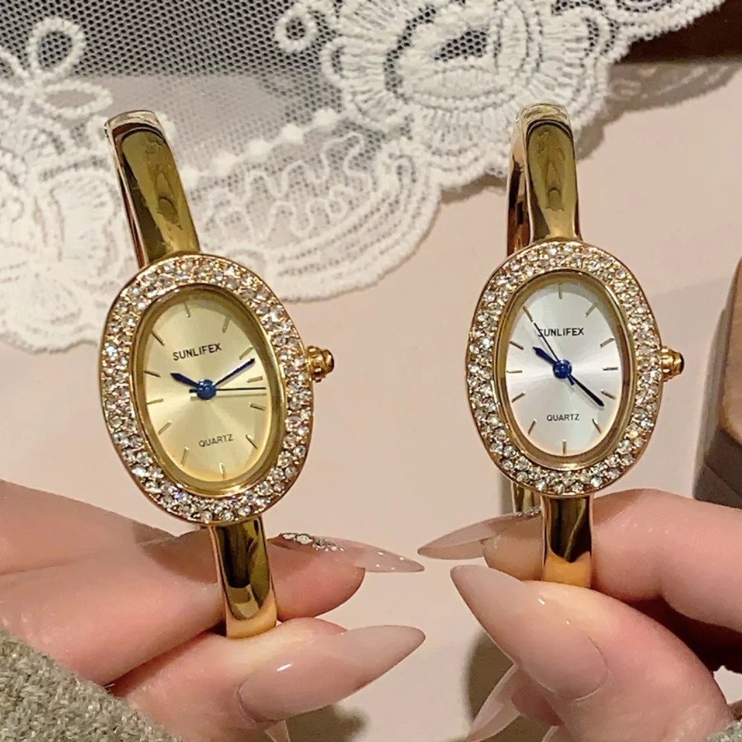 Rhinestone Oval Dial bangle Wristwatch for Ladies Quartz Bracelet Watch Elegant Female Clock Women's Watches Saati Relojes