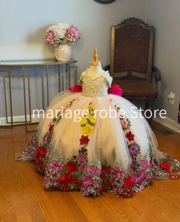 Little Princess cincoañera 3D Floral flower Girls Dresses mexican vestidos3años infant toddler wedding party girl gown customize