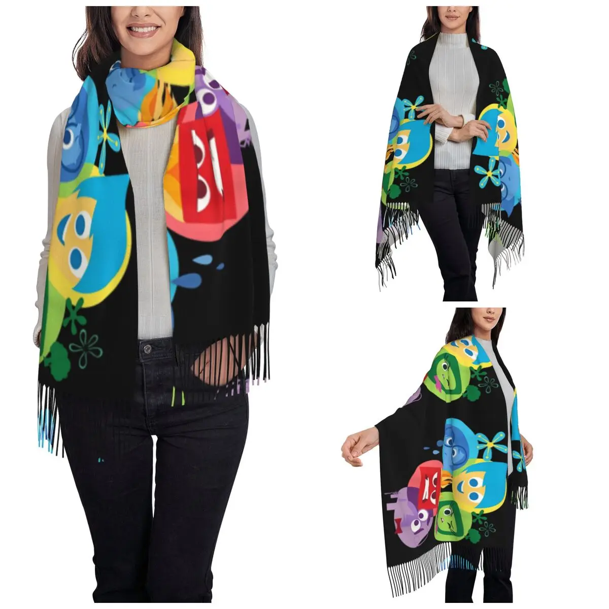 Inside Out Simple Group Shot Graphic Scarf Womens Winter Warm Pashmina Shawls and Wrap Cartoon Long Scarves with Tassel Daily